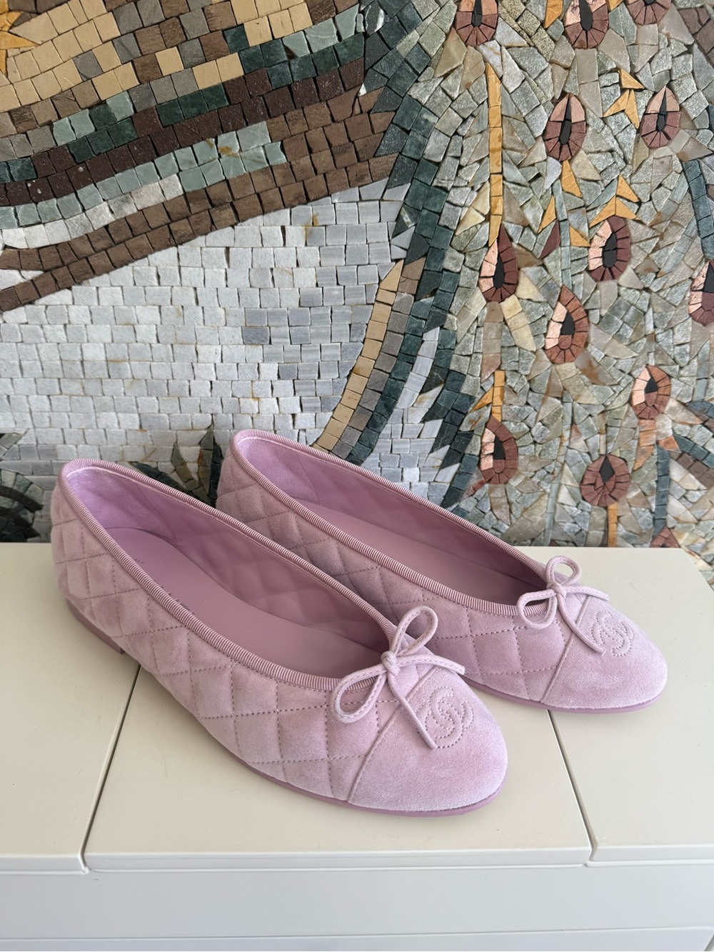 CHANEL Pink Quilted Suede Ballet Flats with CC Bow